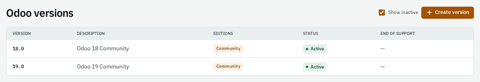 The list of Odoo versions a partner offers